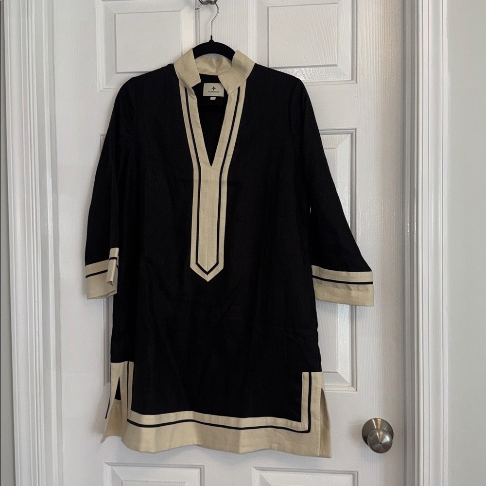 Tuckernuck Collins Caftan Mini Dress Sz S Black Tan Linen 3/4 Bell Sleeves NWOT